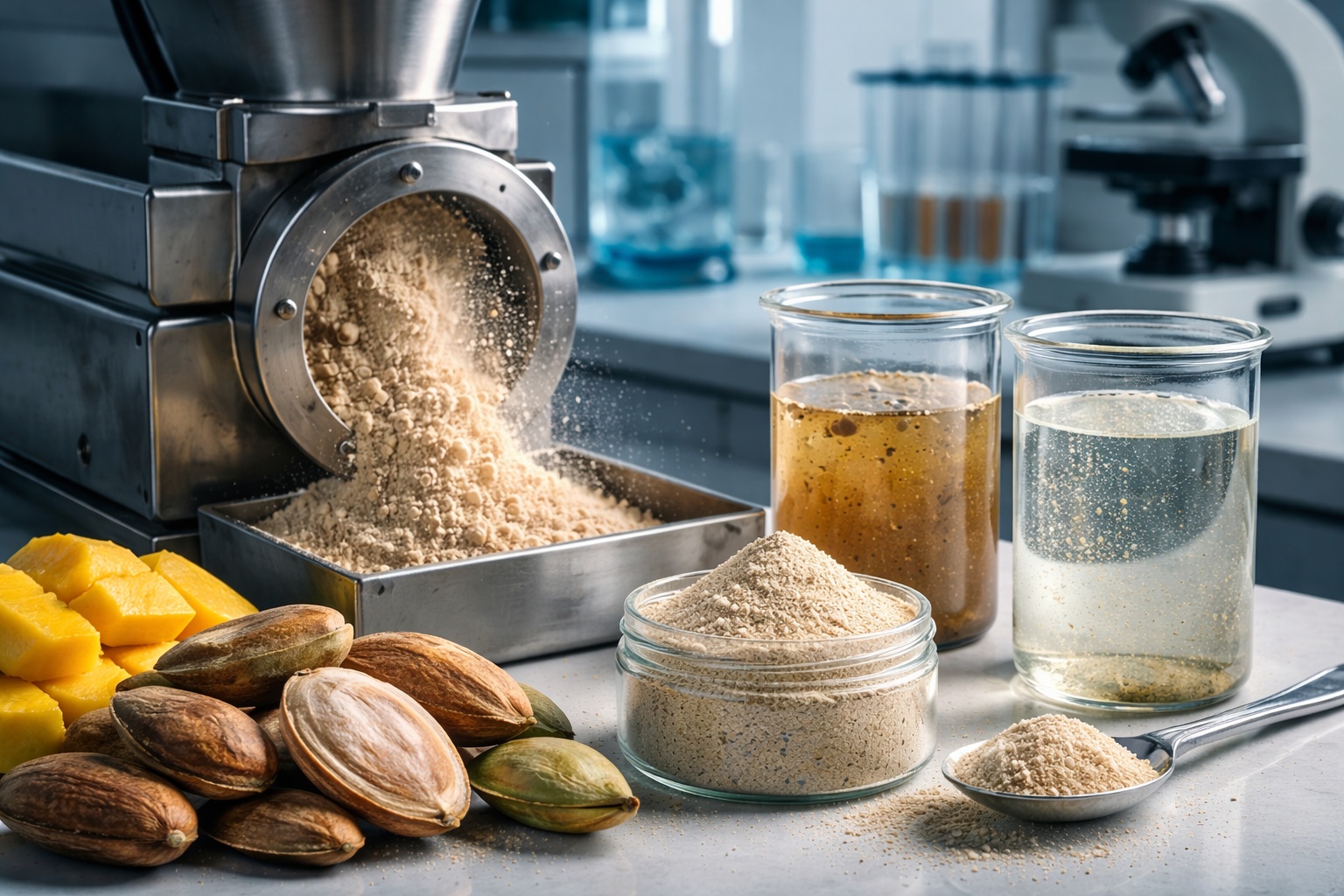 Caroços de manga que antes eram lixo agora viram pó industrial capaz de capturar metais pesados e limpar efluentes com eficiência de até 90%