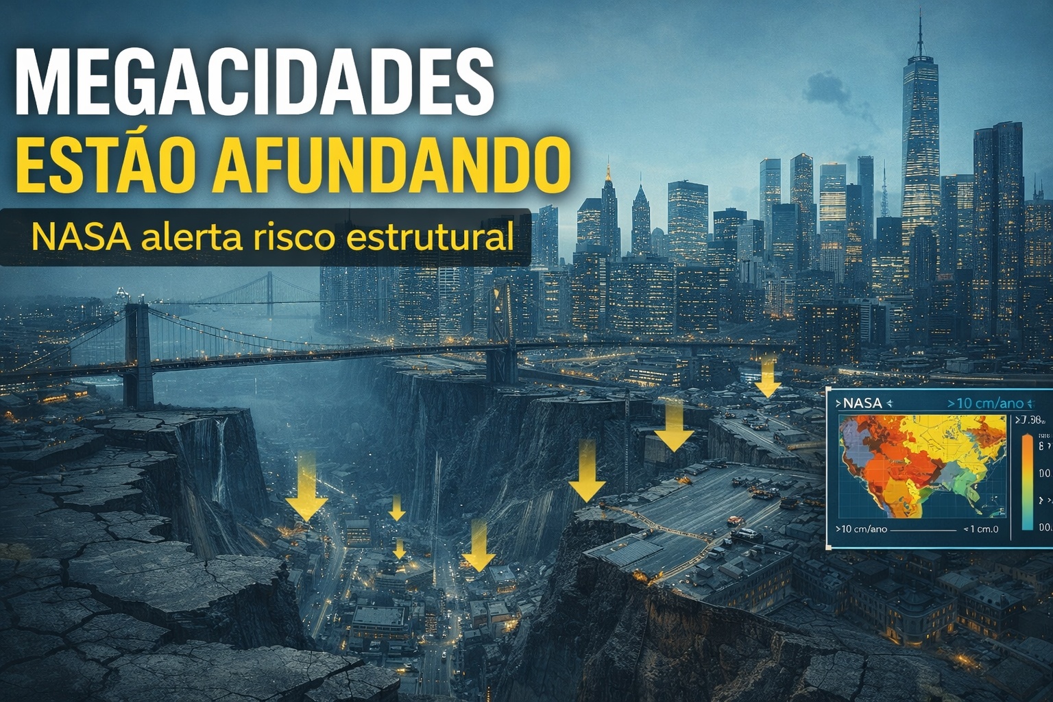 NASA revela afundamento urbano acima de 10 cm por ano: megacidades na Ásia, América do Norte e Europa estão afundando sobre solos exauridos, milhões vivem sobre terrenos instáveis e a extração de água subterrânea expõe um risco estrutural silencioso de colapso urbano