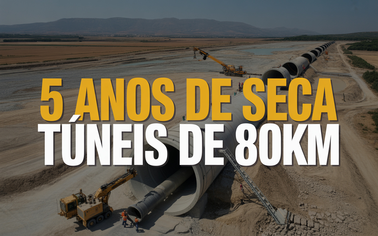 Após mais de 5 anos de seca contínua, engenheiros escavam túneis de até 80 km, desviam mais de 500 milhões de m³ de água por ano entre bacias e investem bilhões para evitar colapso hídrico, agrícola e energético no sul da Europa