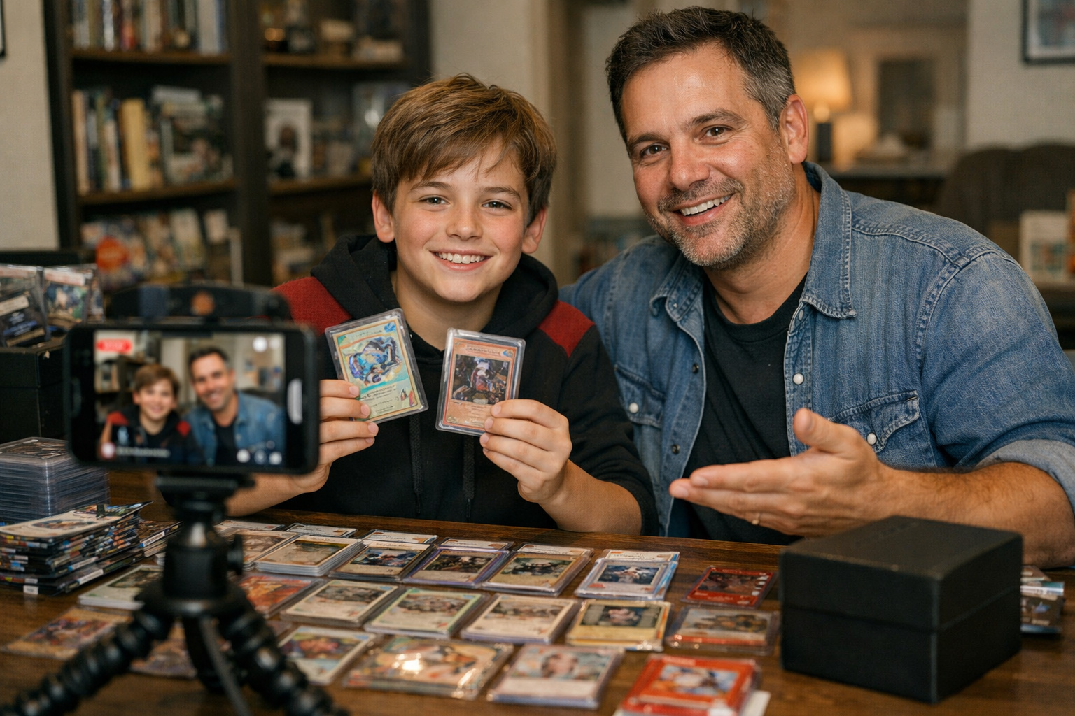 Menino e pai vendendo cartas colecionáveis em live online