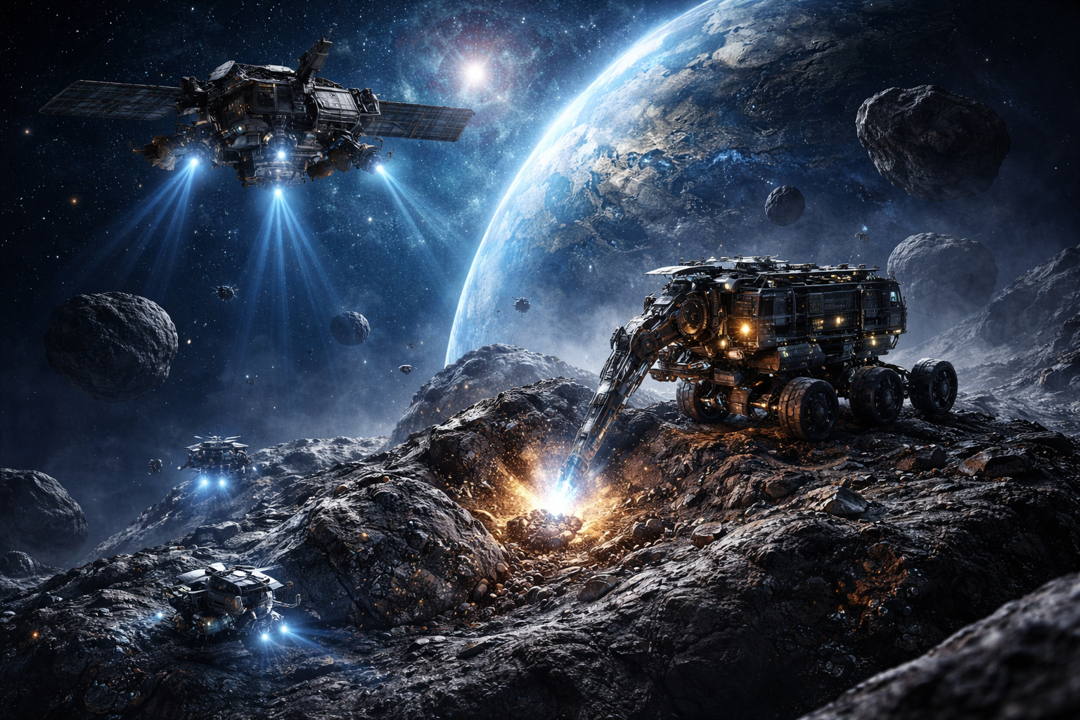 Operação de mineração em asteroide com robôs autônomos e nave espacial em órbita, ilustrando a extração de recursos minerais no espaço profundo.