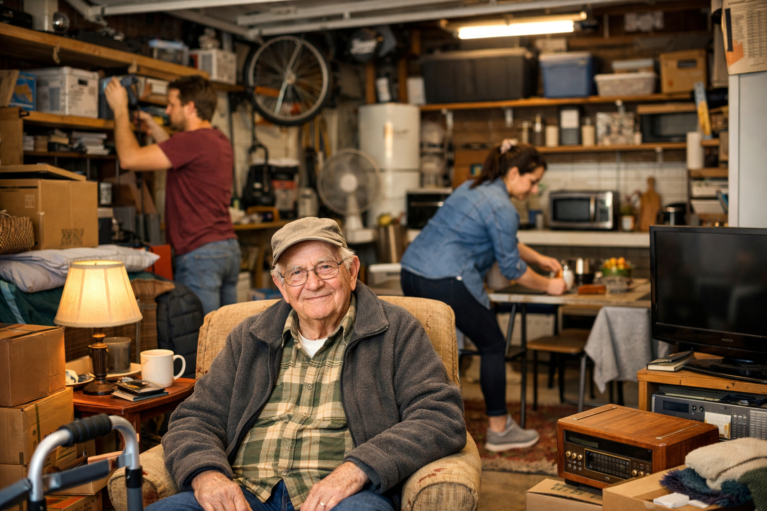 Casa nos Estados Unidos com avós, pais e jovens vivendo juntos em arranjo multigeracional devido ao alto custo de vida.