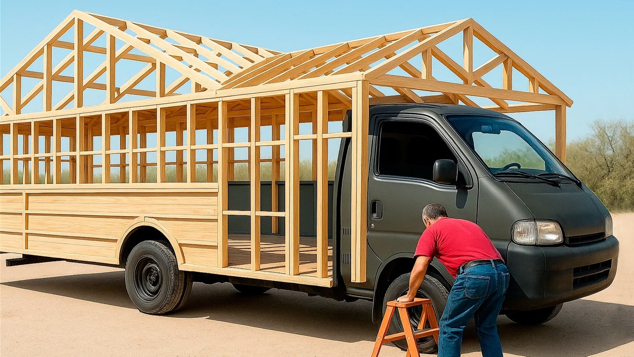 Homem transforma caminhão velho em uma casa sobre rodas funcional, desmontável e confortável, com cozinha, cama e aquecimento para viver na natureza
