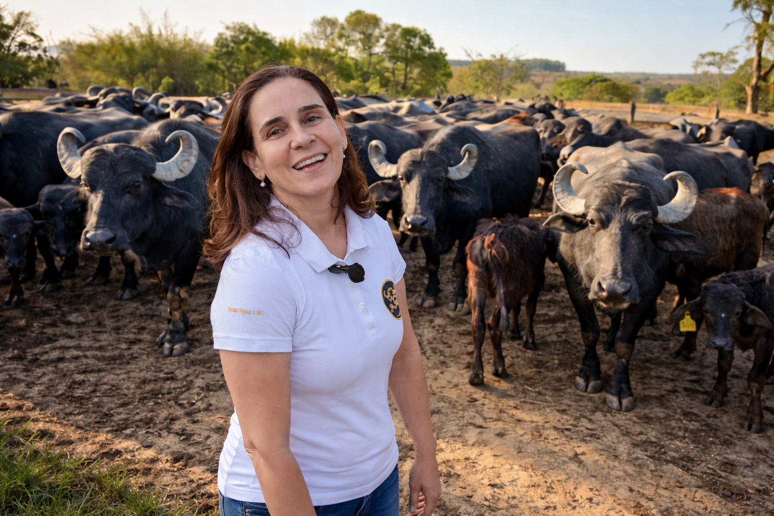 Mulher produtora rural caminhando entre búfalas em fazenda brasileira durante rotina no campo.
