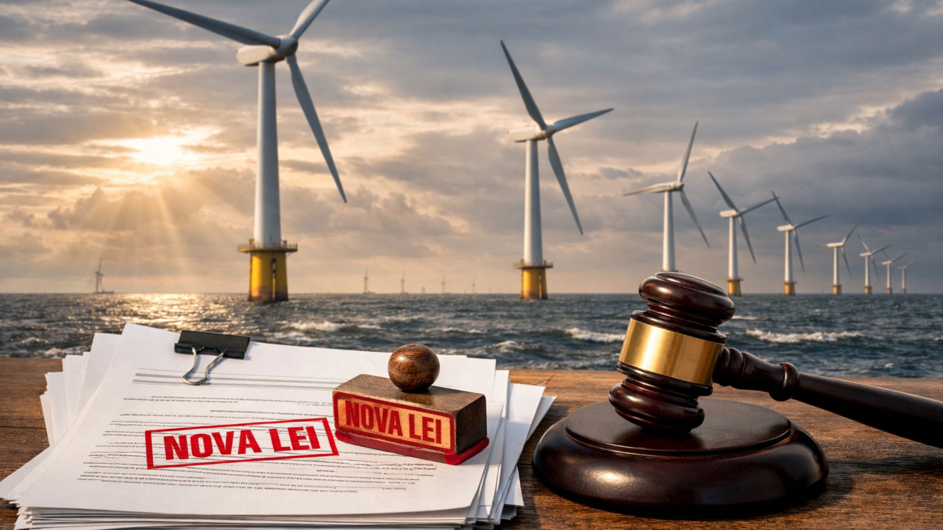 Usina eólica offshore no mar com documentos carimbados como nova lei e martelo judiciário em primeiro plano, simbolizando a regulamentação da energia eólica offshore no Rio de Janeiro.