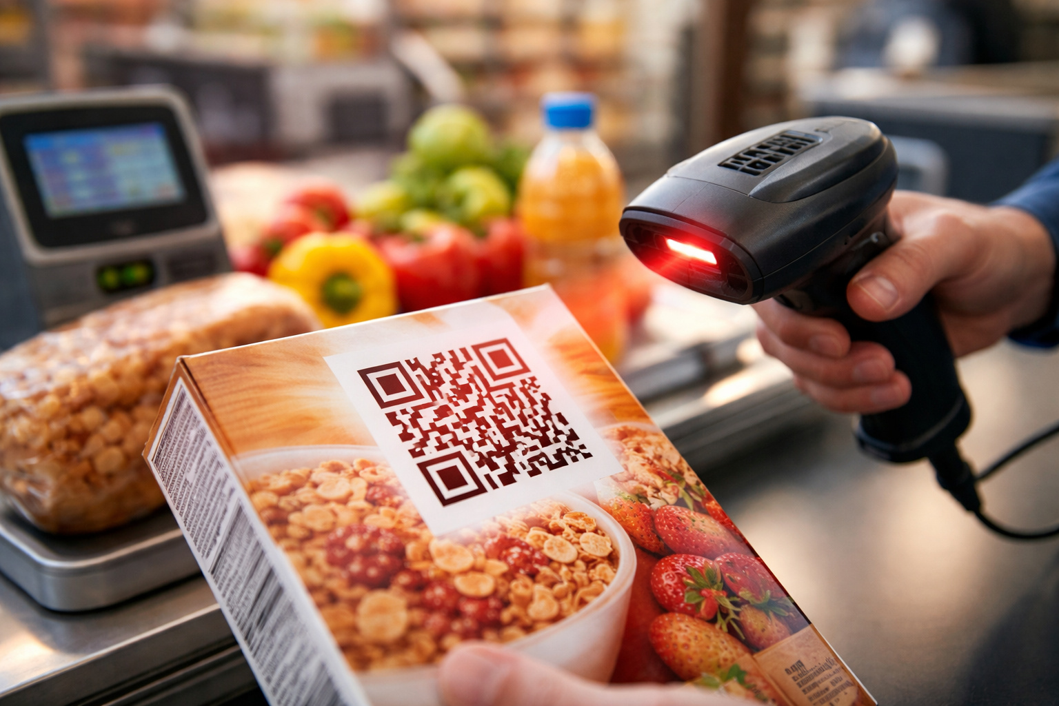 Leitura de QR Code em produto no caixa de supermercado, ilustrando a substituição do código de barras no varejo moderno.