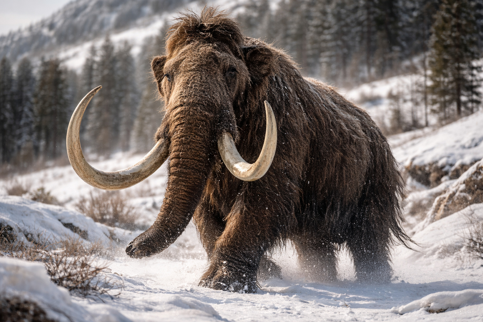 Mamute-lanoso em ambiente glacial, espécie extinta associada a fósseis do Alasca reavaliados após décadas de interpretação incorreta.