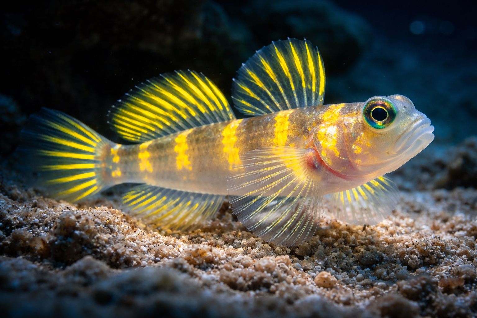 Peixe Vanderhorstia supersaiyan com listras amarelas intensas em águas profundas próximas a Okinawa, no Japão