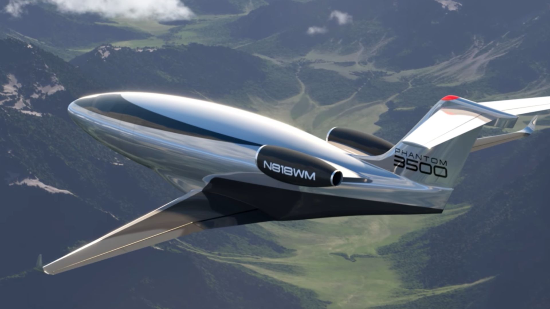 Phantom 3500, avião sem janelas com fuselagem aerodinâmica e tecnologia de câmeras externas.