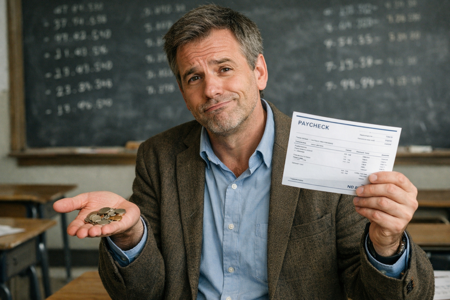 Professor segura moedas ao avaliar reajuste de R$ 18 no piso salarial da educação básica em 2026