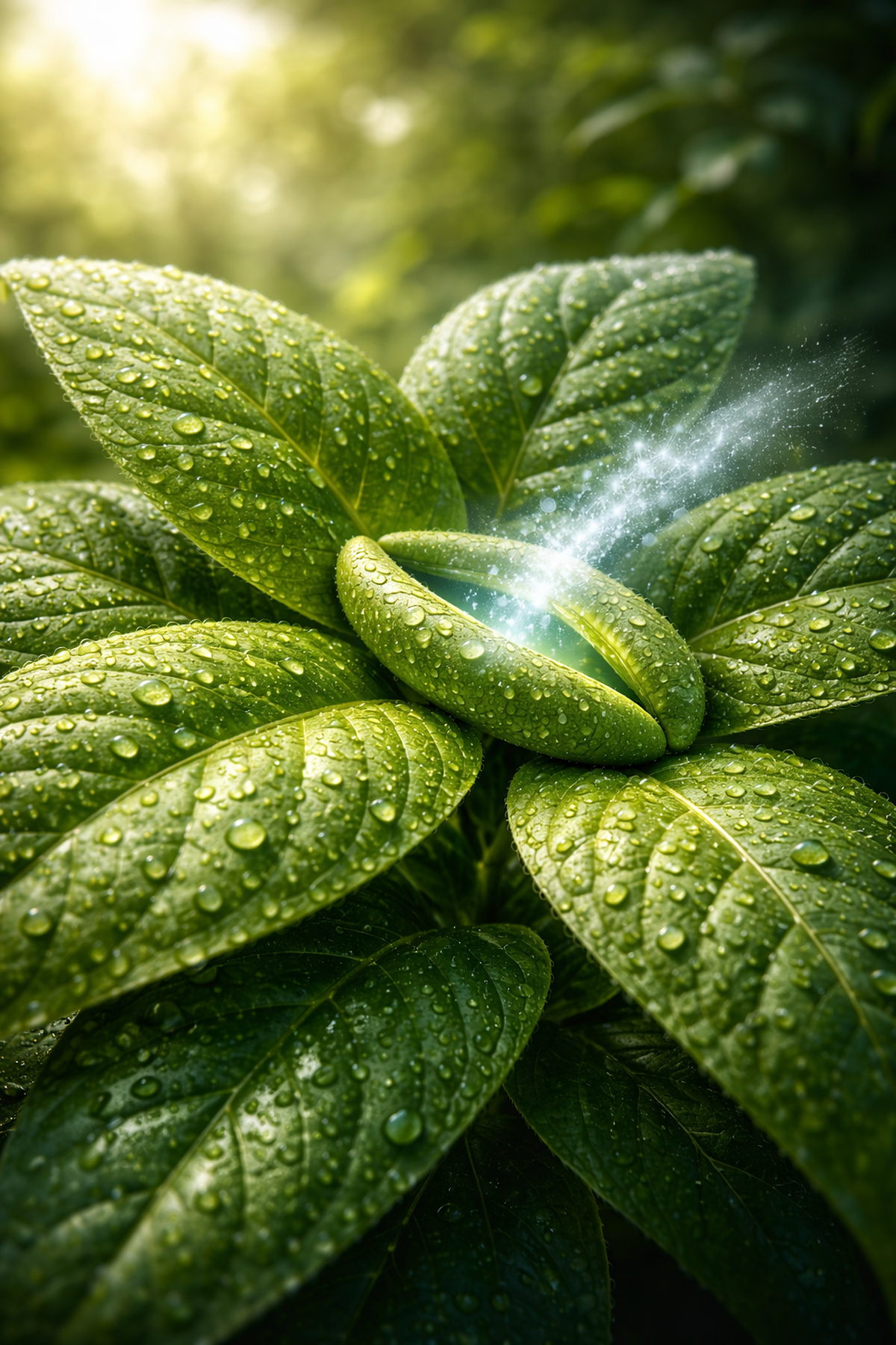 Planta com folhas verdes e estômatos abertos liberando vapor de água durante a respiração vegetal em ambiente natural.