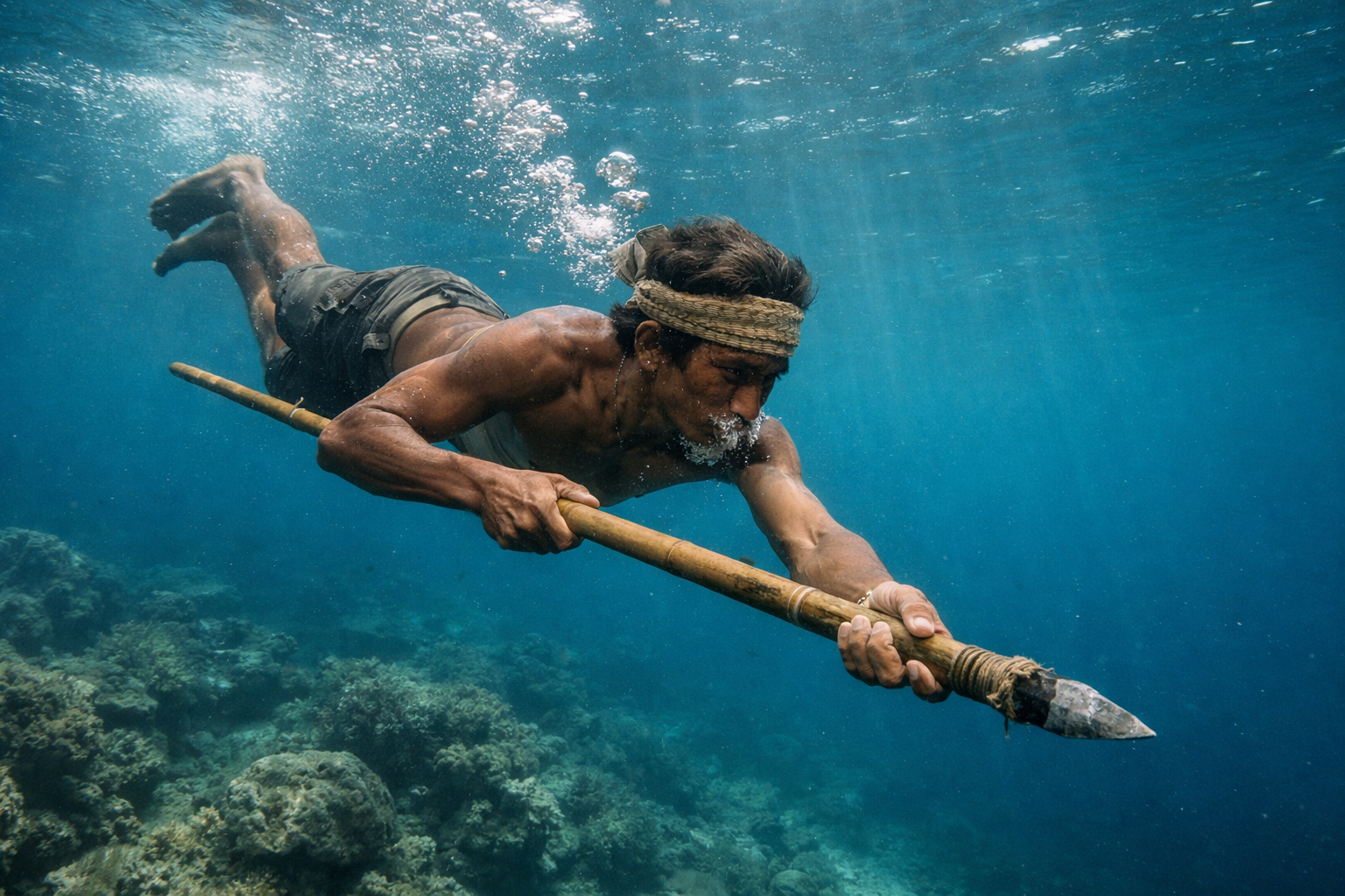 Homem do povo Bajau realizando mergulho livre em grande profundidade