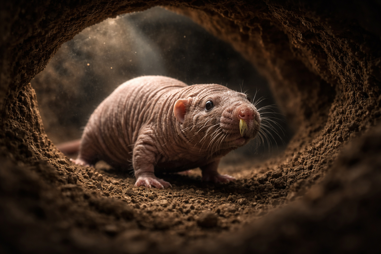 Rato-toupeira nu em túnel subterrâneo adaptado a viver com níveis extremamente baixos de oxigênio.