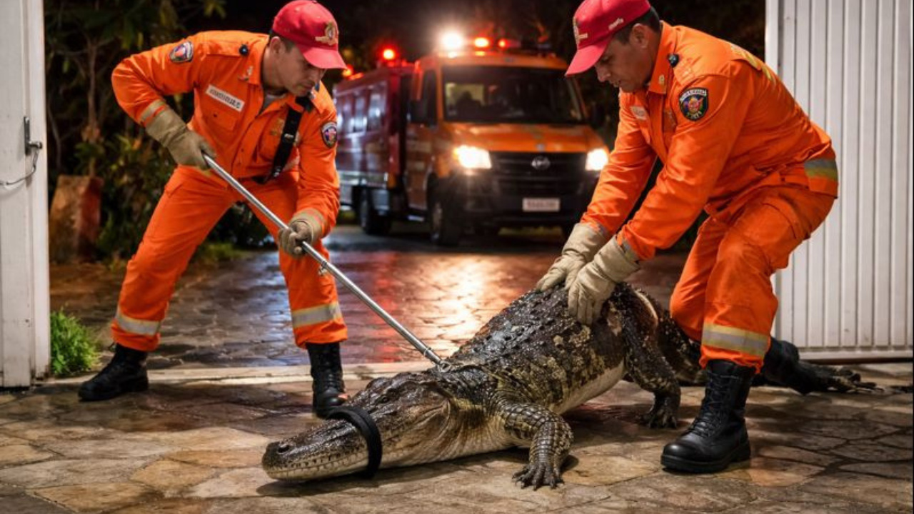 Corpo de Bombeiros realizou resgate de jacaré em residência de São Sebastião DF. Animal recebeu atendimento no HFAUS.