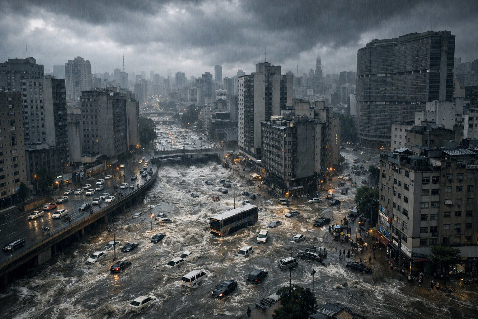 Alagamento em São Paulo após chuva forte mostra ruas submersas e impacto da urbanização excessiva.