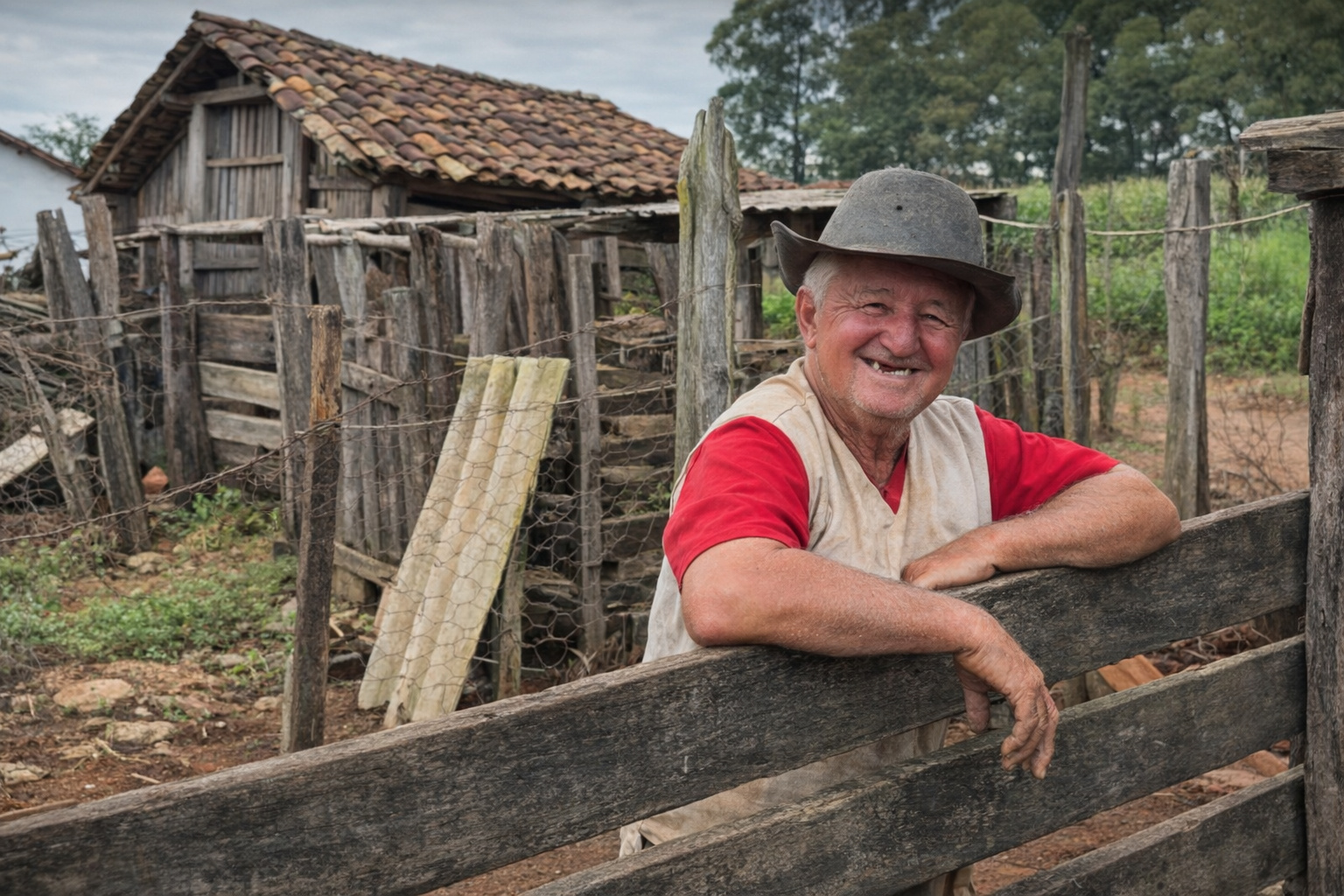 Agricultor mineiro de 70 anos vivendo sozinho em sítio rural com galinhas, horta e fogão a lenha.