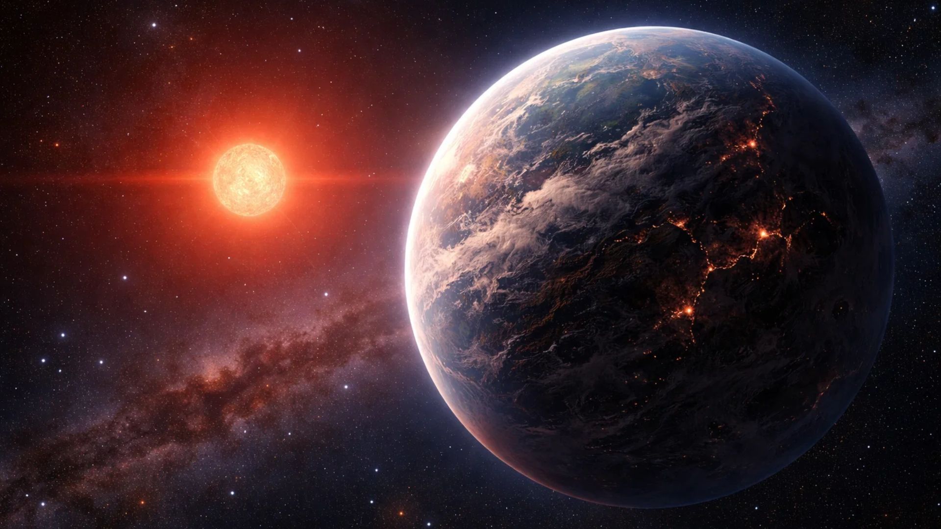 Ilustração de uma super-Terra na zona habitável orbitando uma estrela anã vermelha.