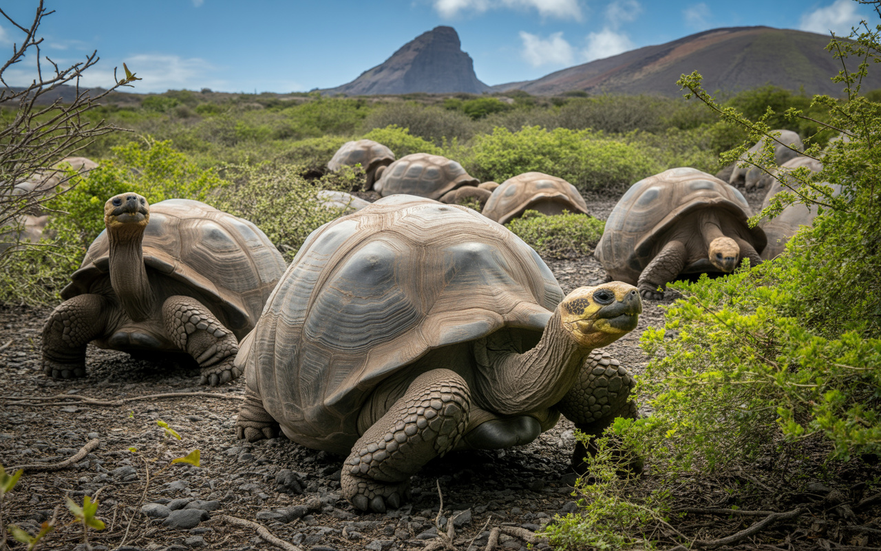 Mais de 1.500 tartarugas-gigantes foram reintroduzidas nas Ilhas Galápagos após séculos de declínio ecológico; elas passaram a derrubar arbustos invasores, dispersar sementes nativas e acelerar a regeneração da paisagem, restaurando processos ecológicos que estavam interrompidos