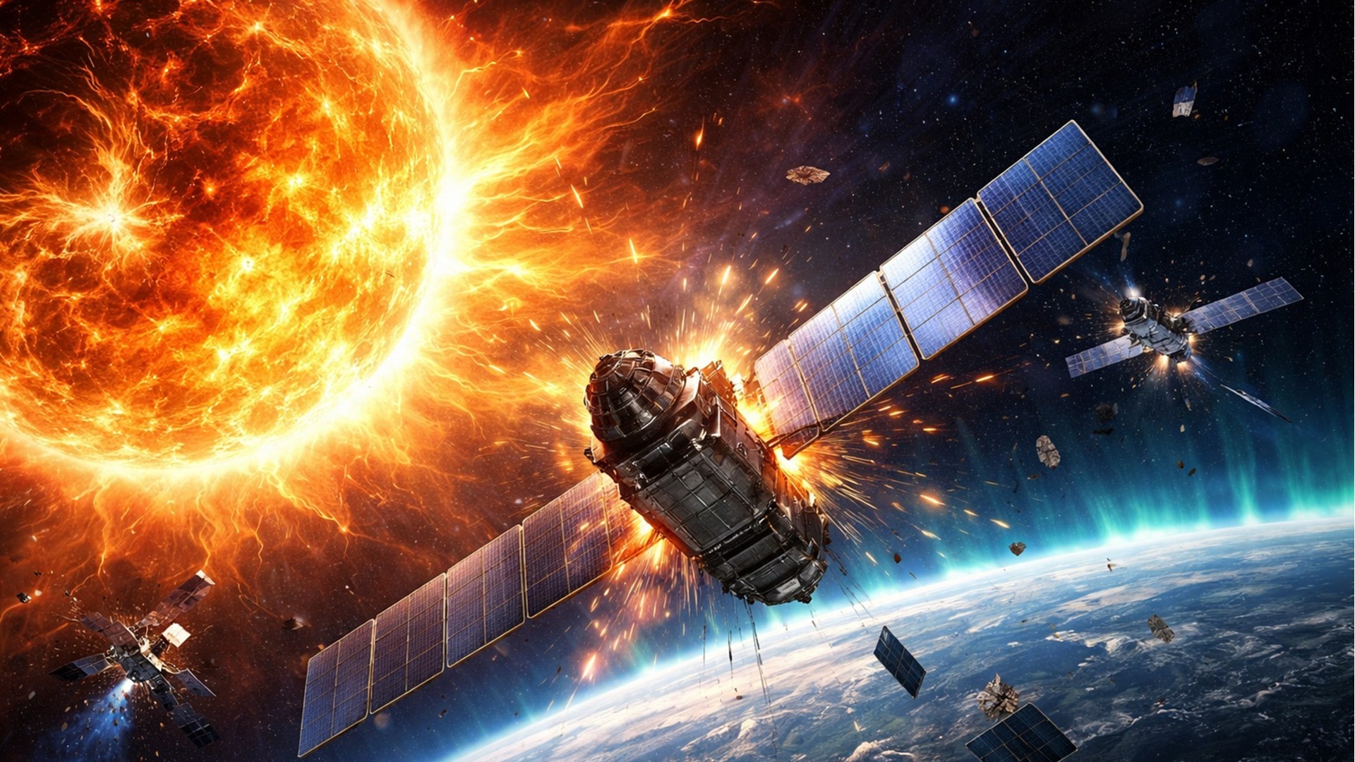 Estudo alerta que tempestades solares podem causar colisões orbitais em até 2,8 dias e comprometer a rede global de satélites.