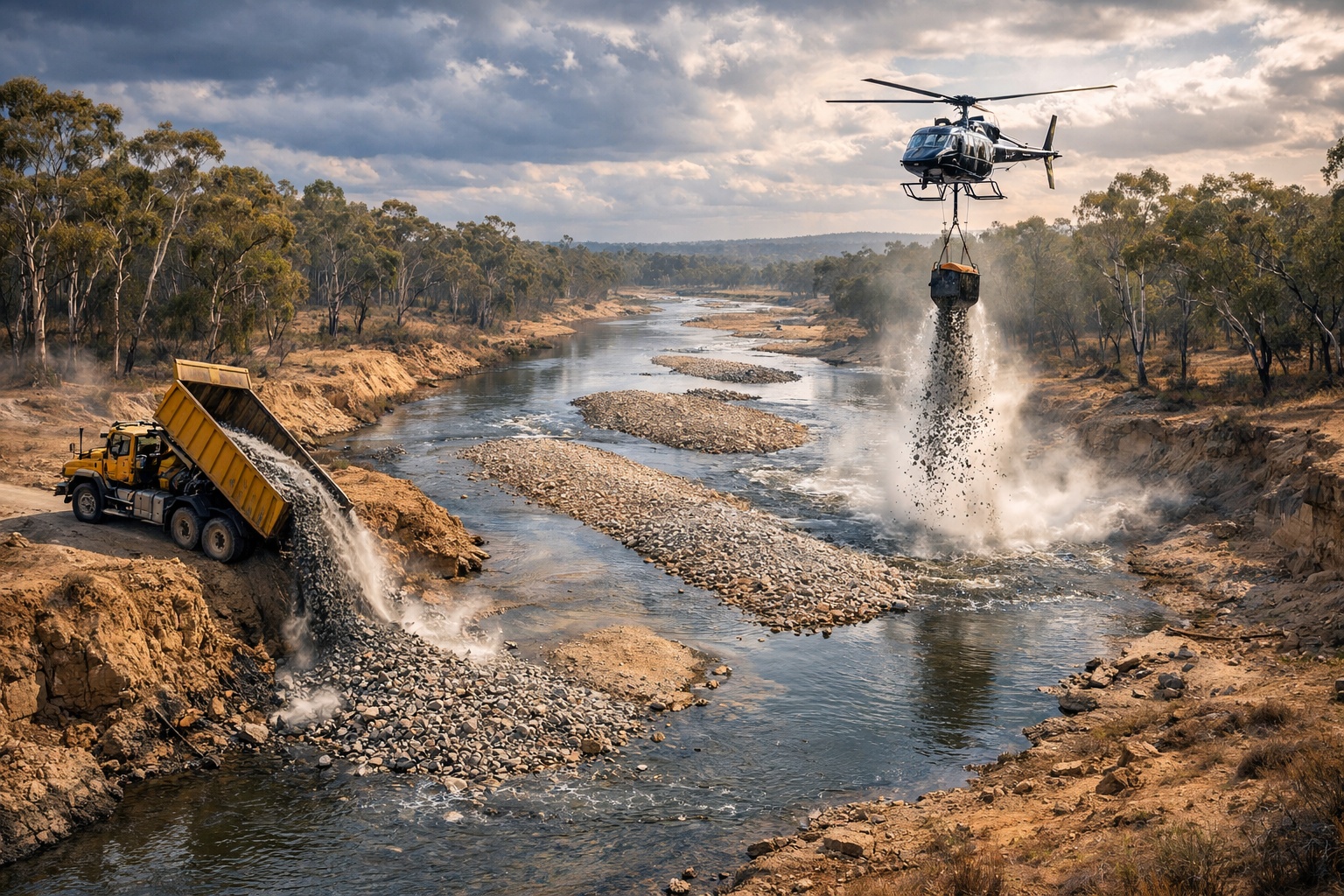 Caminhões e escavadeiras despejam centenas de milhares de toneladas de cascalho nos rios do sul da Austrália para reconstruir barras naturais, restaurar áreas de desova de peixes e reverter 150 anos de erosão causada por mineração, barragens e dragagens