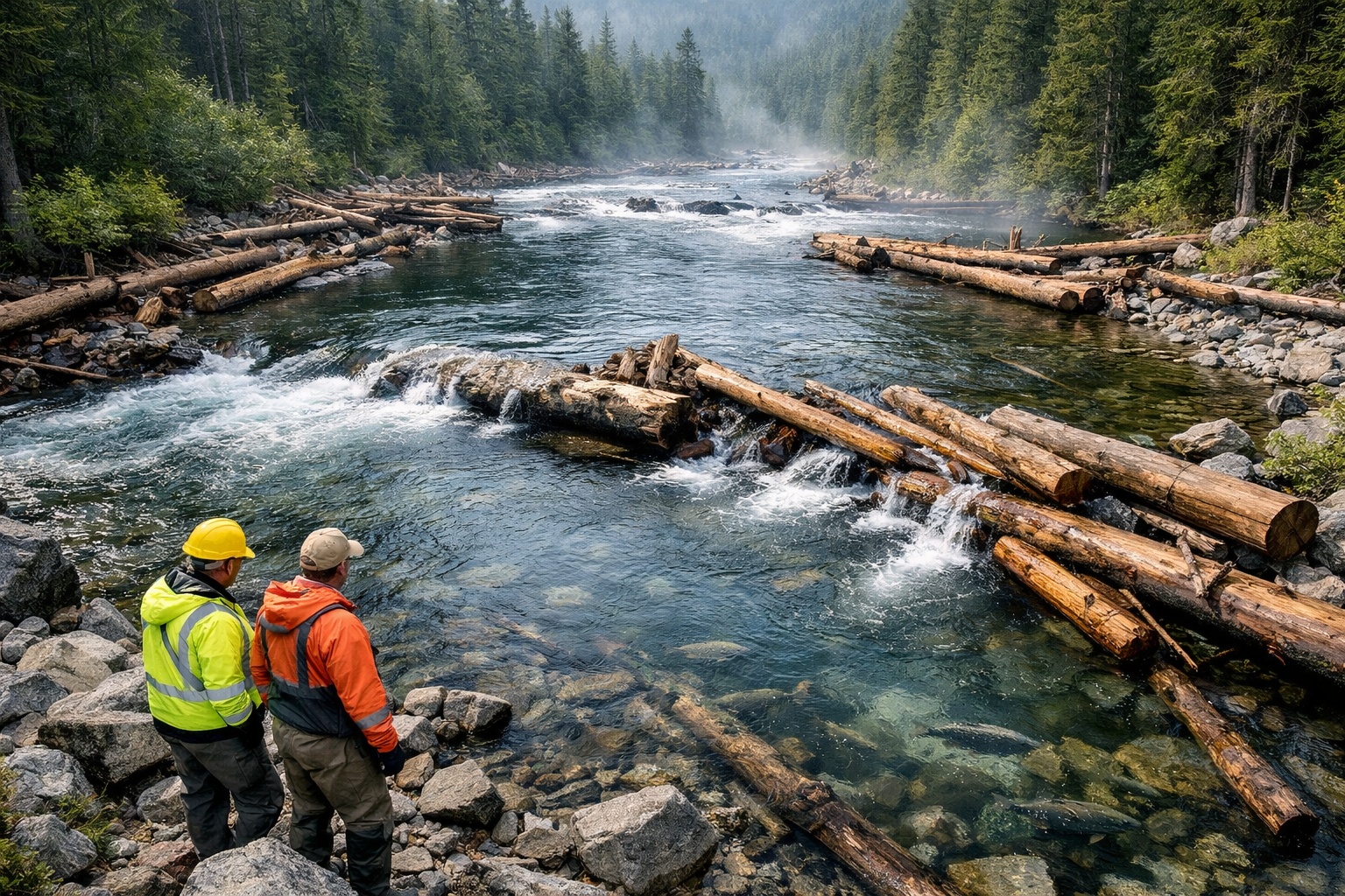 Canadá reposiciona madeira em até 10 km de cursos d’água para recuperar poços frios, ampliar a fauna aquática e reativar a migração de peixes