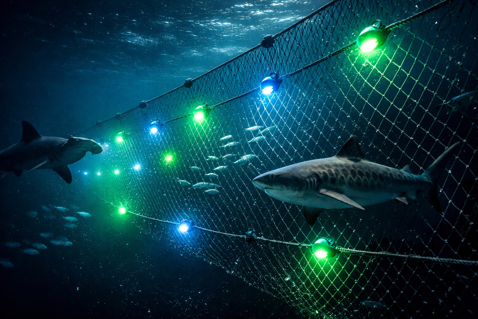Luzes subaquáticas instaladas em redes de pesca afastam tubarões sem feri-los, reduzem drasticamente capturas acidentais e mostram que convivência entre pesca e predadores é possível