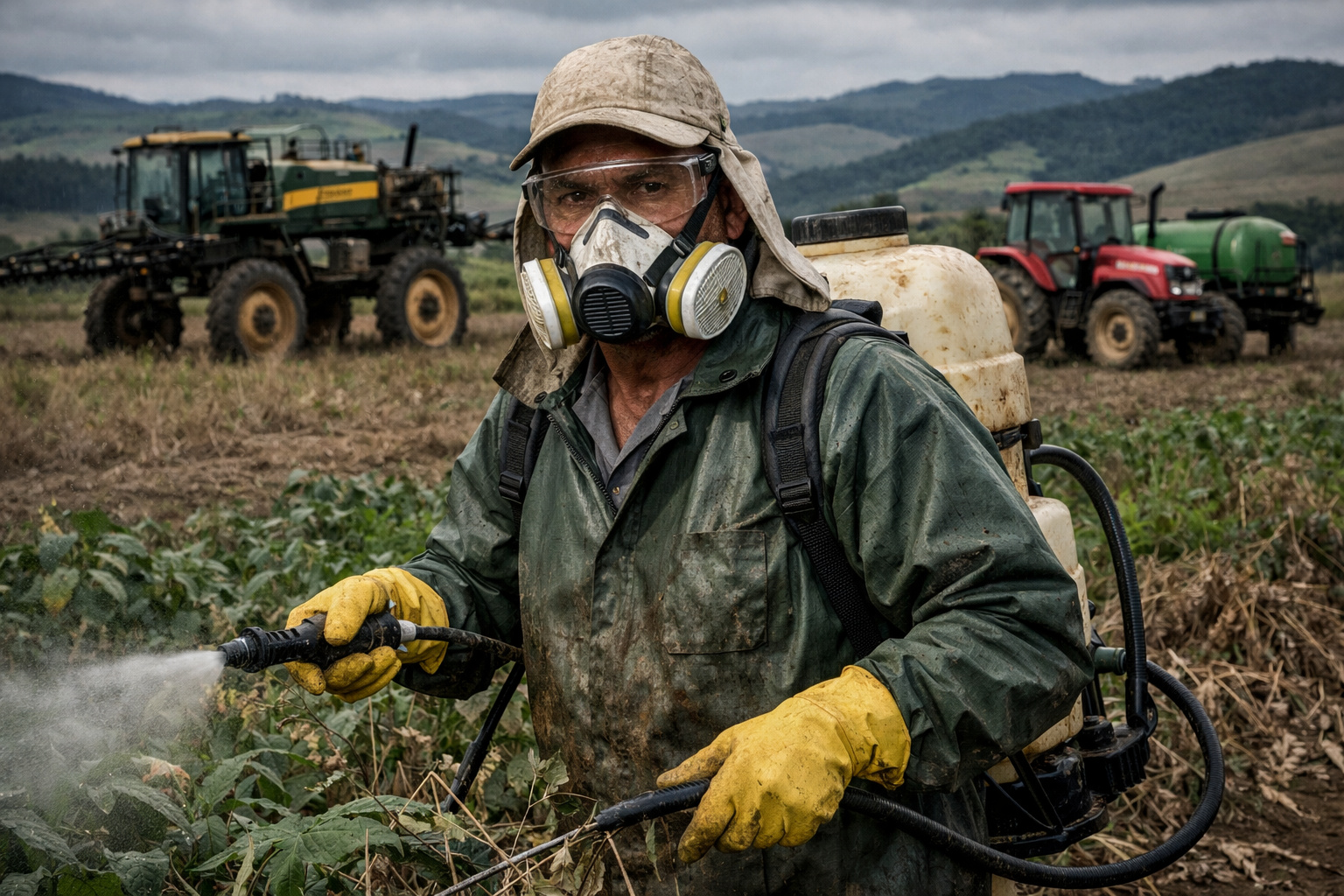 Trabalhador rural operando máquina agrícola em ambiente com uso de herbicidas, relacionado a caso de doença ocupacional