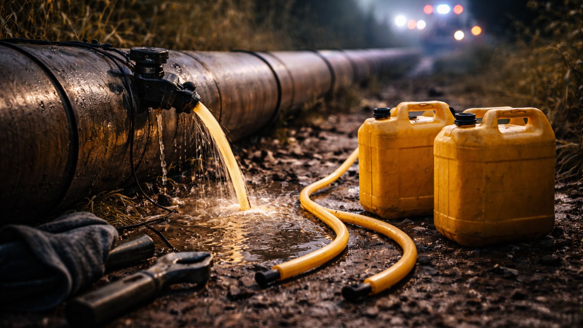 Dutos de combustível com mangueiras conectadas a galões amarelos em área industrial à noite, ilustrando risco de furtos e importância da segurança energética.