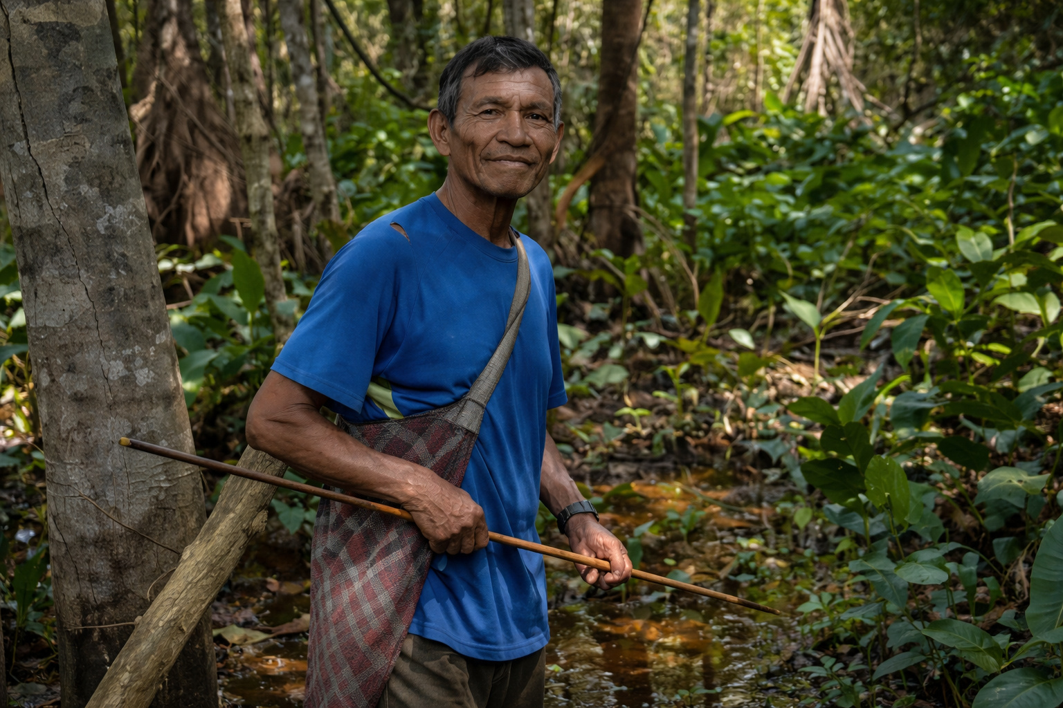 Idoso da etnia tsimane caminha pela floresta amazônica da Bolívia durante atividade tradicional, mantendo vigor físico e hábitos ancestrais ligados à longevidade.