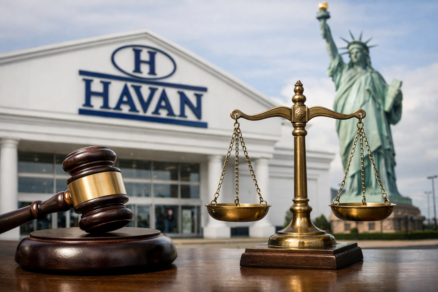 Símbolos da Justiça em frente a grande loja varejista ilustram decisão do TST contra a Havan em ação trabalhista.