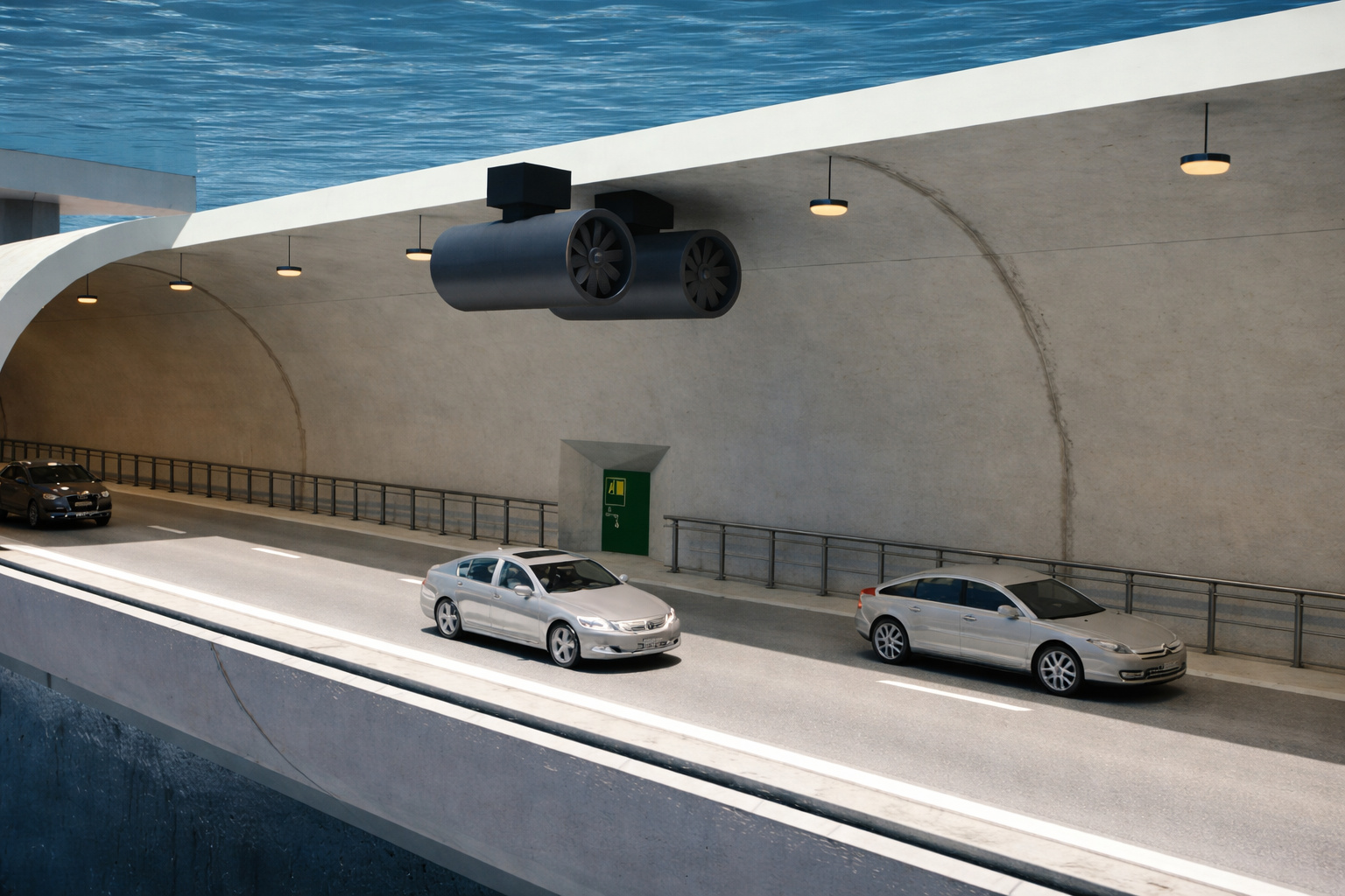 Interior de túnel subaquático com duas faixas de tráfego, ventiladores de teto, iluminação contínua e veículos em circulação sob o nível do mar.