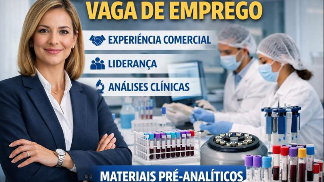 Vaga de emprego em análises clínicas exige experiência comercial, liderança e domínio de materiais pré-analíticos, com atuação nacional.