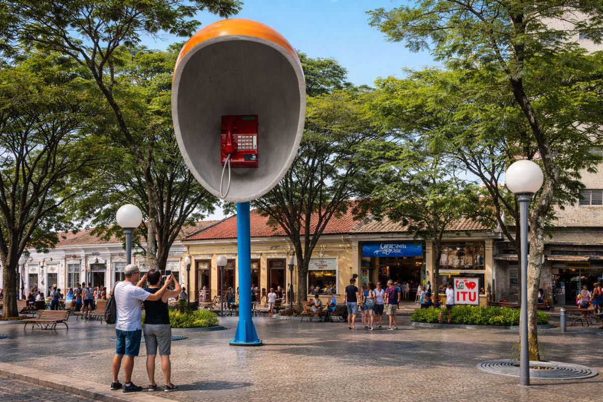 Em Itu, o orelhão gigante de 7 metros na praça da Matriz permanece como memória urbana após a ANATEL desativar telefones públicos. Entenda por que virou identidade turística a 98 km de São Paulo.