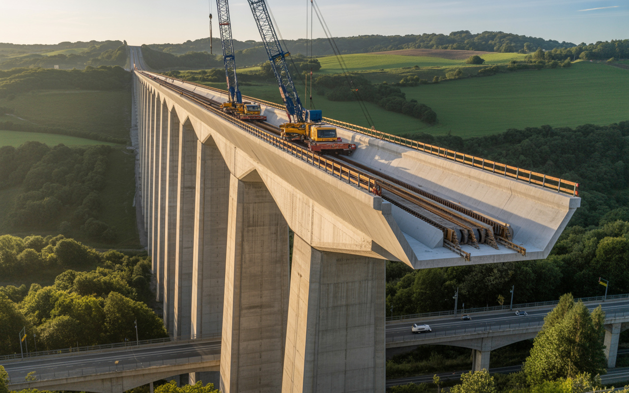 Utilizando segmentos de concreto protendido de até 25 metros de comprimento e pesando centenas de toneladas, a França constrói viadutos ferroviários de alta velocidade empurrando o tabuleiro inteiro com macacos hidráulicos, avançando dezenas de metros por ciclo sem interromper rodovias e vales abaixo