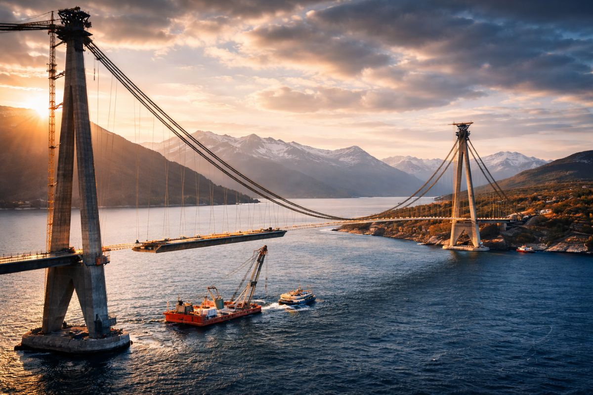 ponte suspensa mais longa do Ártico em Narvik cruza o Fiorde de Rombak com tabuleiro de 30 seções e cabos de 2.000 toneladas, numa corrida antes do inverno.