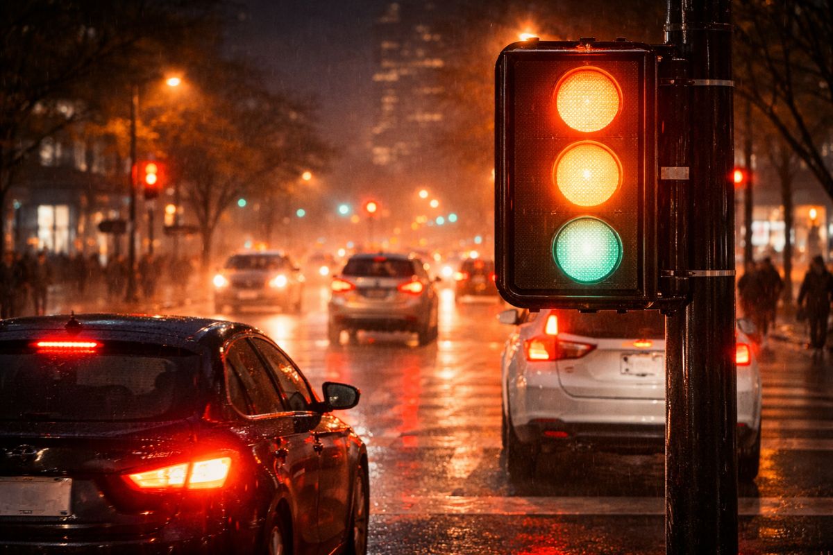 Semáforo vermelho em cidades dos Estados Unidos ganhou uma variação: sinais de pedestres usam laranja Portland em cruzamentos, e na baixa visibilidade a diferença pode sumir, gerando hesitação e risco ao interpretar a fase Não Atravesse.