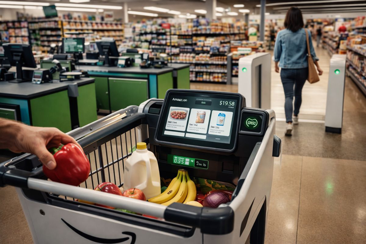 Caixas de supermercados: Dash Cart na Whole Foods Market com visão computacional e pagamento por aproximação para pesar hortifruti e sair sem fila até 2026.