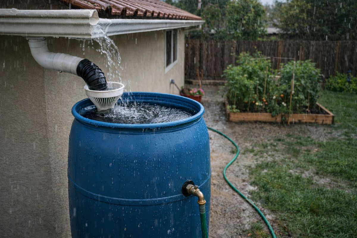 Captação de chuva no quintal com barril ligado ao telhado reaproveita água e mostra como reduzir gasto sem obra grande.
