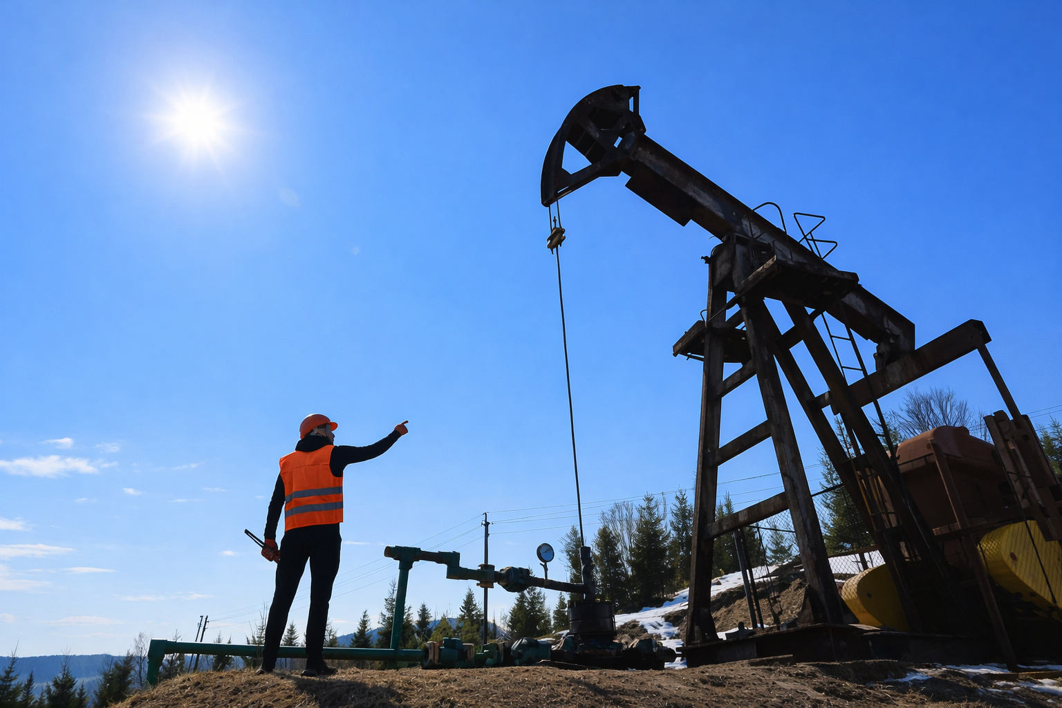 Trabalhador com colete laranja aponta para uma bomba de extração de petróleo em área industrial sob céu azul ao meio-dia.