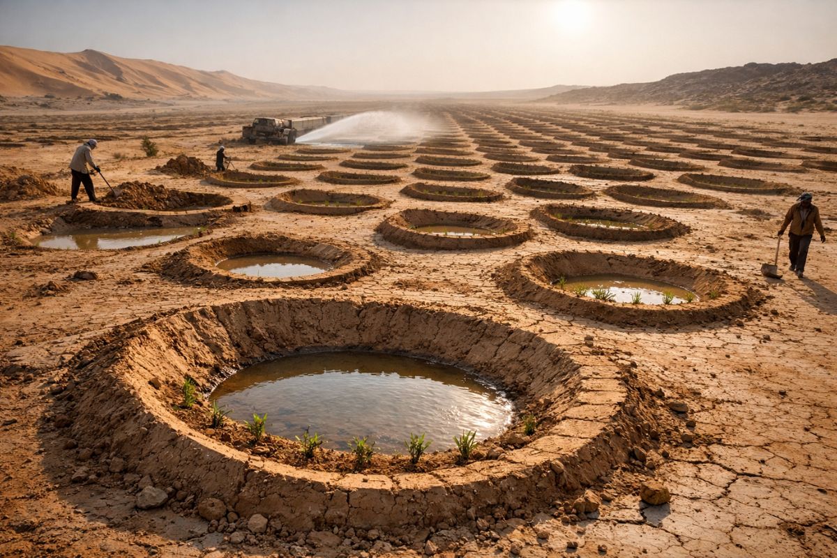 Saara: meias-luas rompem a crosta impermeável, ampliam a retenção de água e criam microclima que reativa gramíneas e árvores nativas.