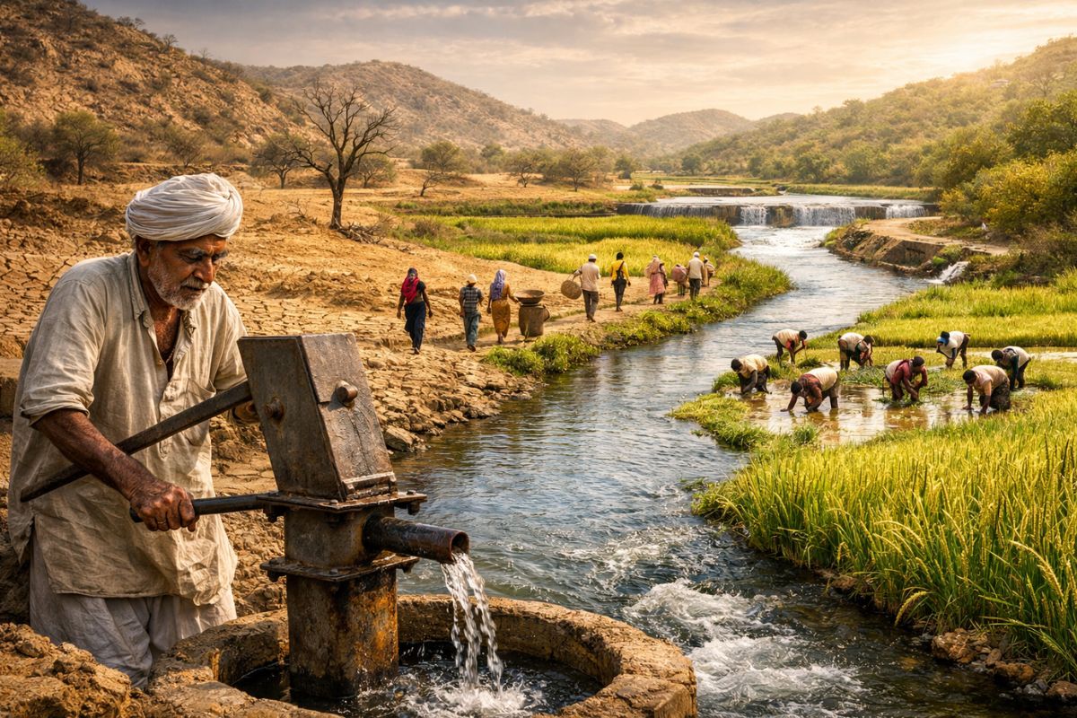 Vilarejos na bacia do Arvari recuperam água e poços; entenda como a ação local virou modelo de restauração hídrica e retomada rural.