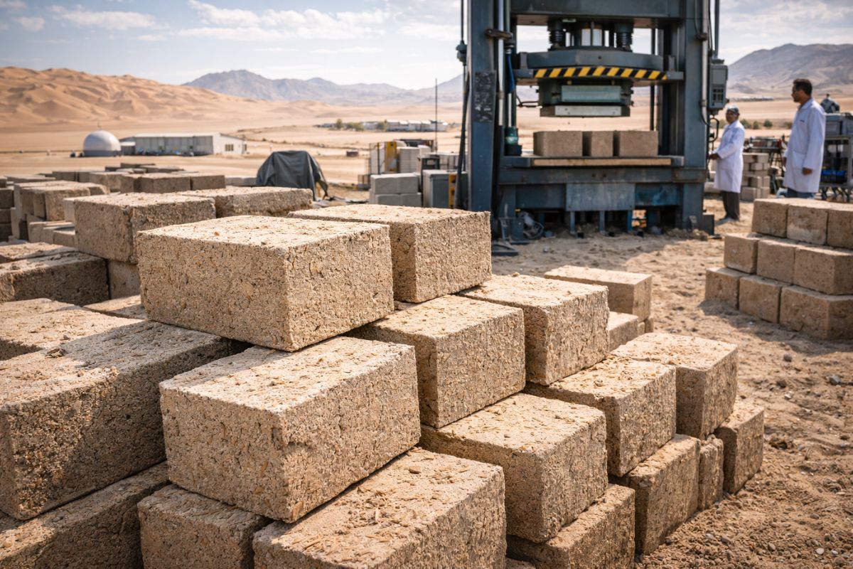 Areia do deserto, antes inútil, vira “Sandcrete” pesquisadores na Noruega e no Japão usam resíduos de madeira e pressão para criar blocos sem cimento, aliviando a crise global