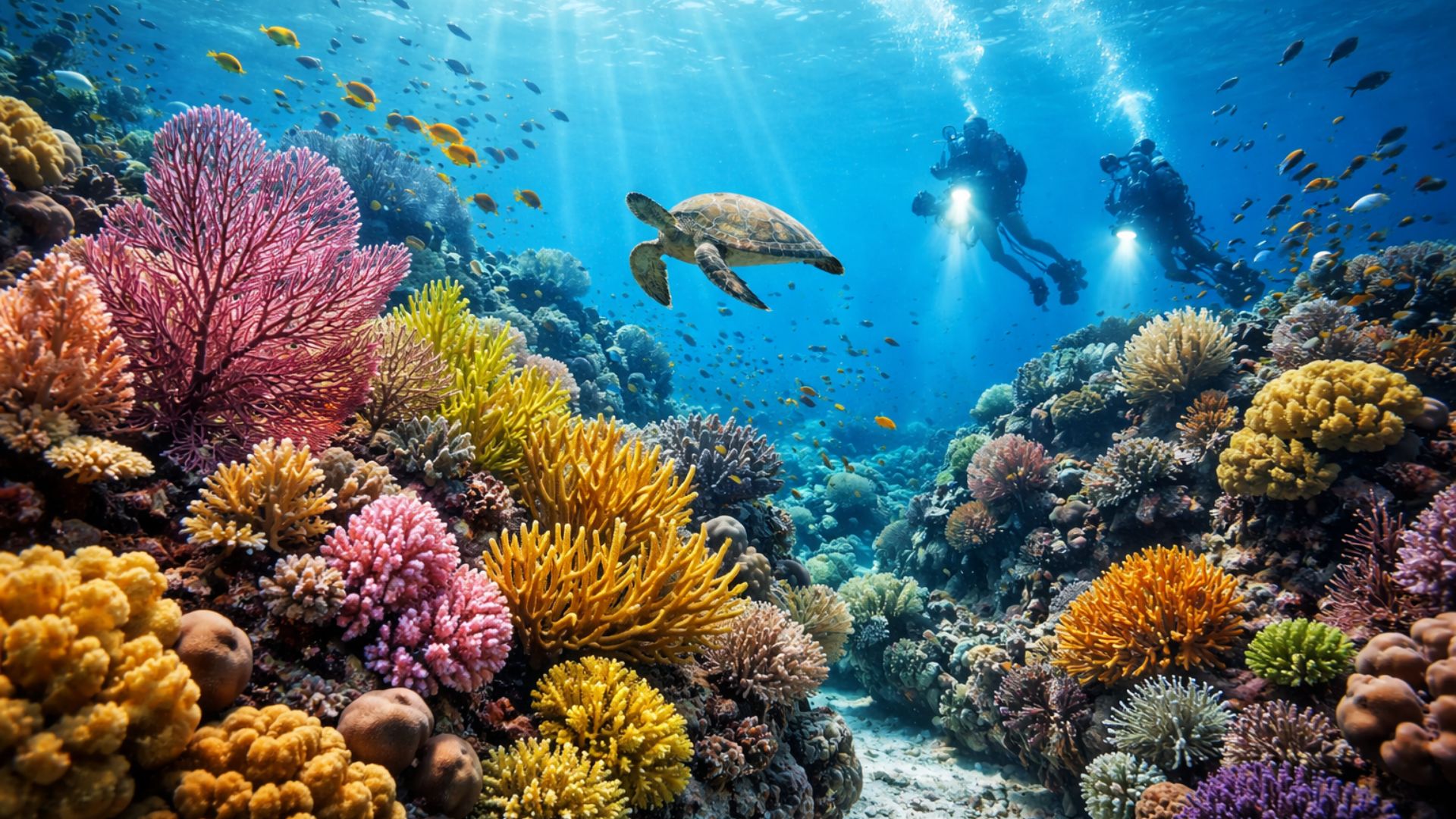 Recife de coral colorido no fundo do mar com peixes tropicais e tartaruga nadando em águas azuis e iluminadas.
