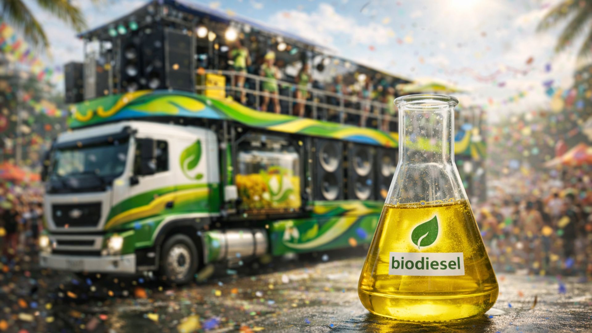 Frasco de biodiesel em primeiro plano com líquido amarelado, à frente de um trio elétrico desfocado em cenário de carnaval, representando combustível renovável e redução de emissões.