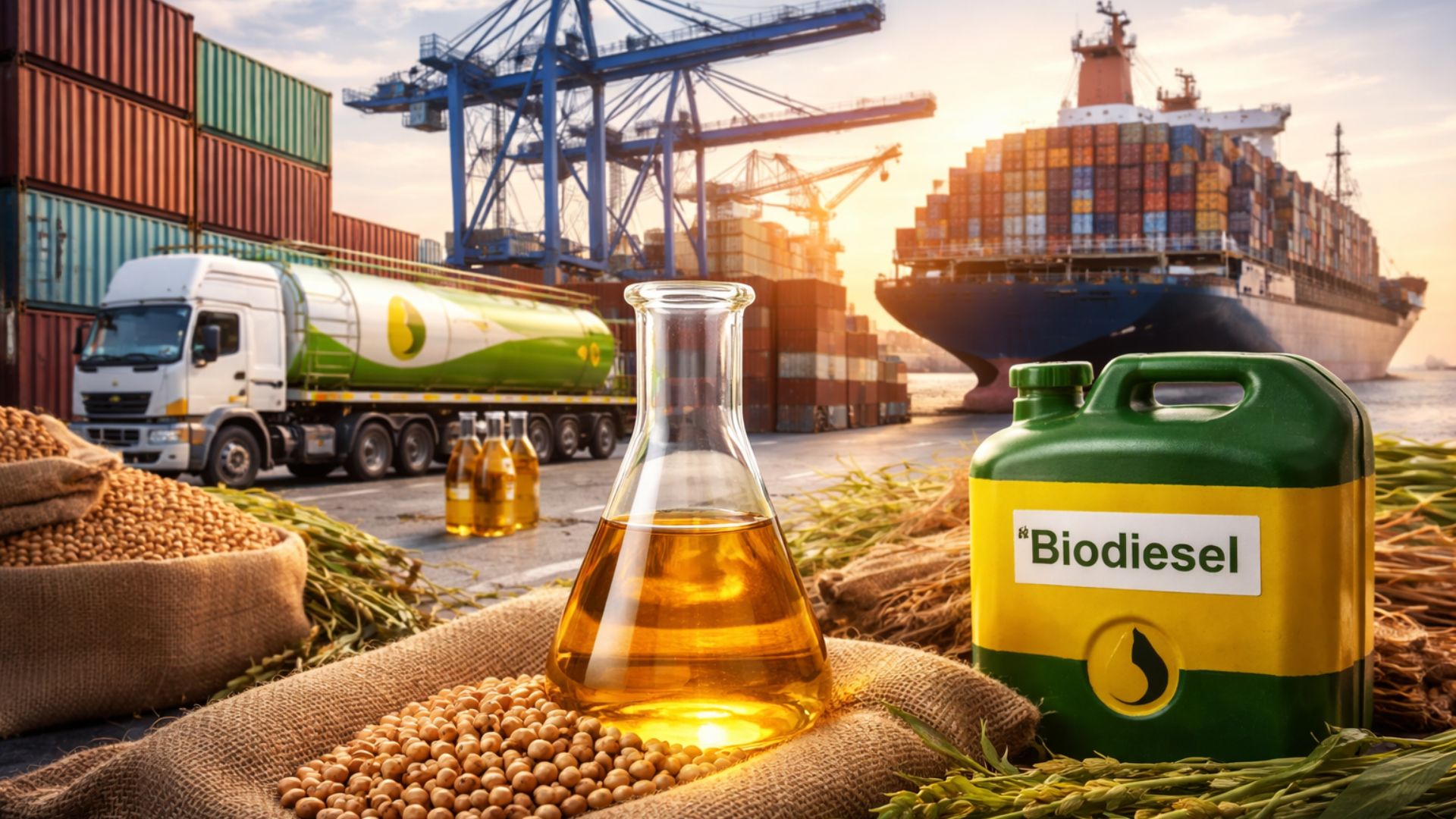 Porto industrial com navio cargueiro, caminhão-tanque e contêineres ao fundo, enquanto frasco de biodiesel e grãos de soja aparecem em primeiro plano representando produção e importação de biocombustível.