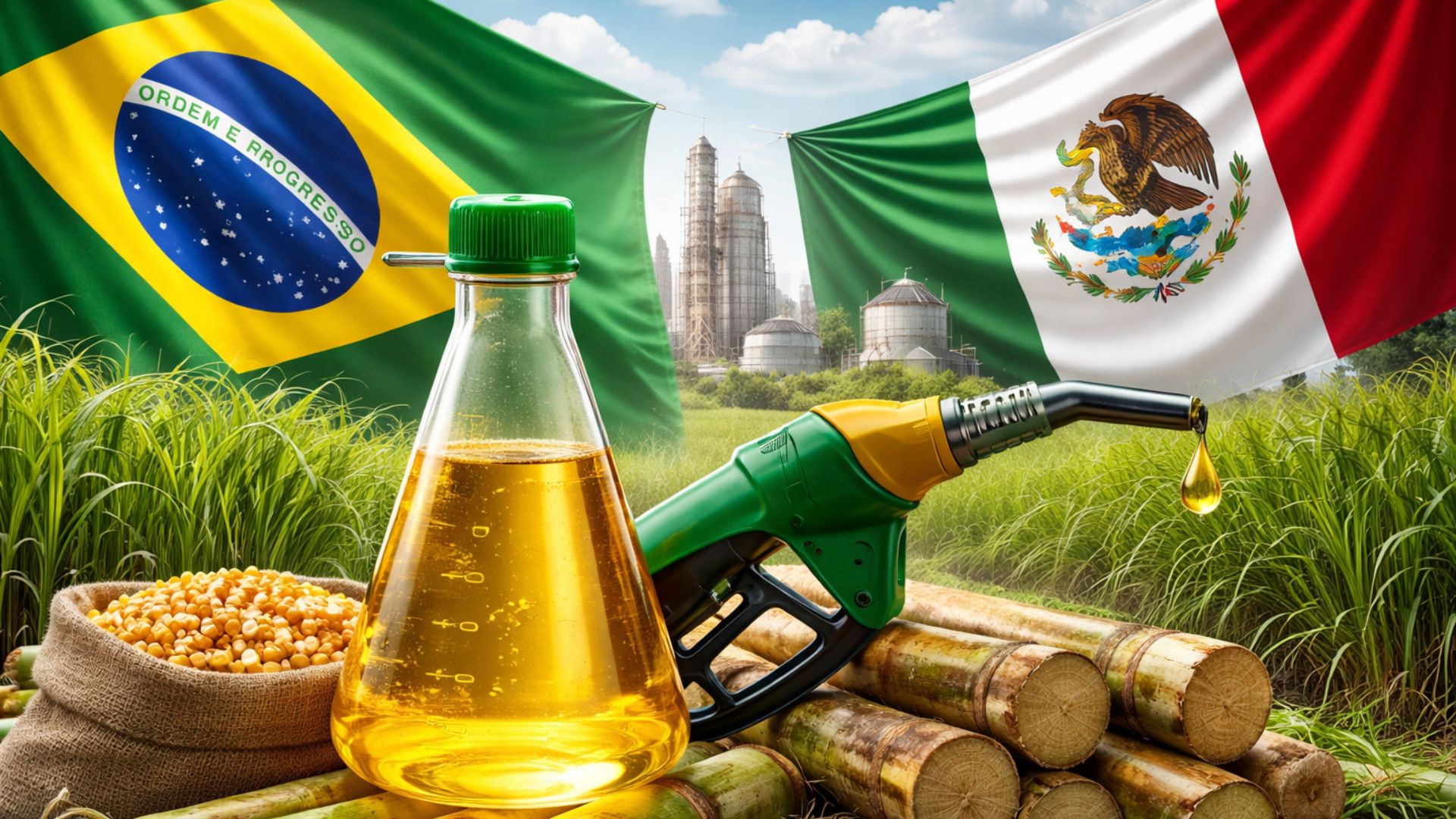 Frasco com etanol amarelo sobre cana-de-açúcar e milho, ao lado de bomba de combustível, com bandeiras do Brasil e México e usina industrial ao fundo.