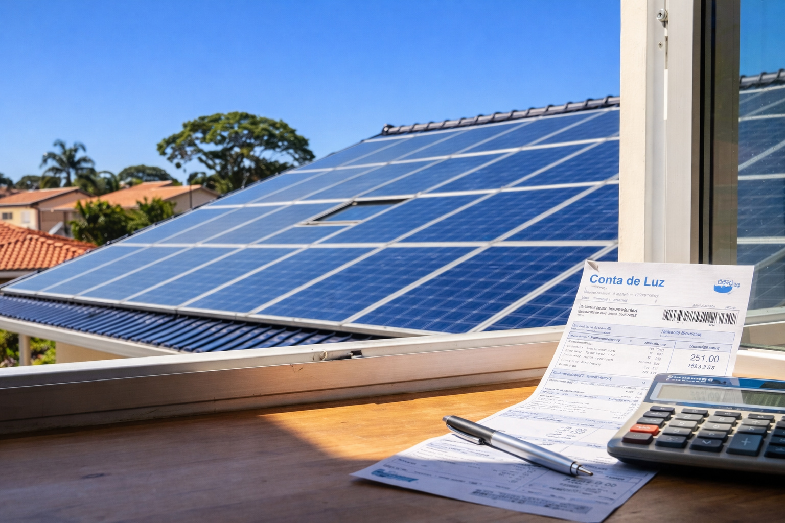 Painéis solares em telhado residencial vistos pela janela, com conta de luz, calculadora e iluminação de meio-dia.