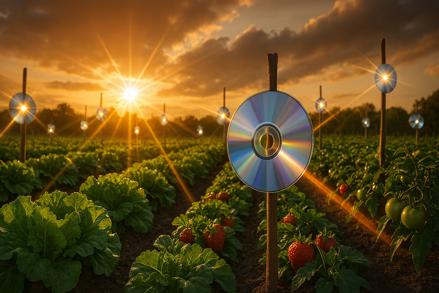 Produtores começaram a pendurar CDs usados na plantação e criaram um “espantalho de luz” que pode reduzir perdas em até 40%: discos giram com o vento, refletem flashes intensos e protegem frutas e hortaliças sem uso de redes ou veneno