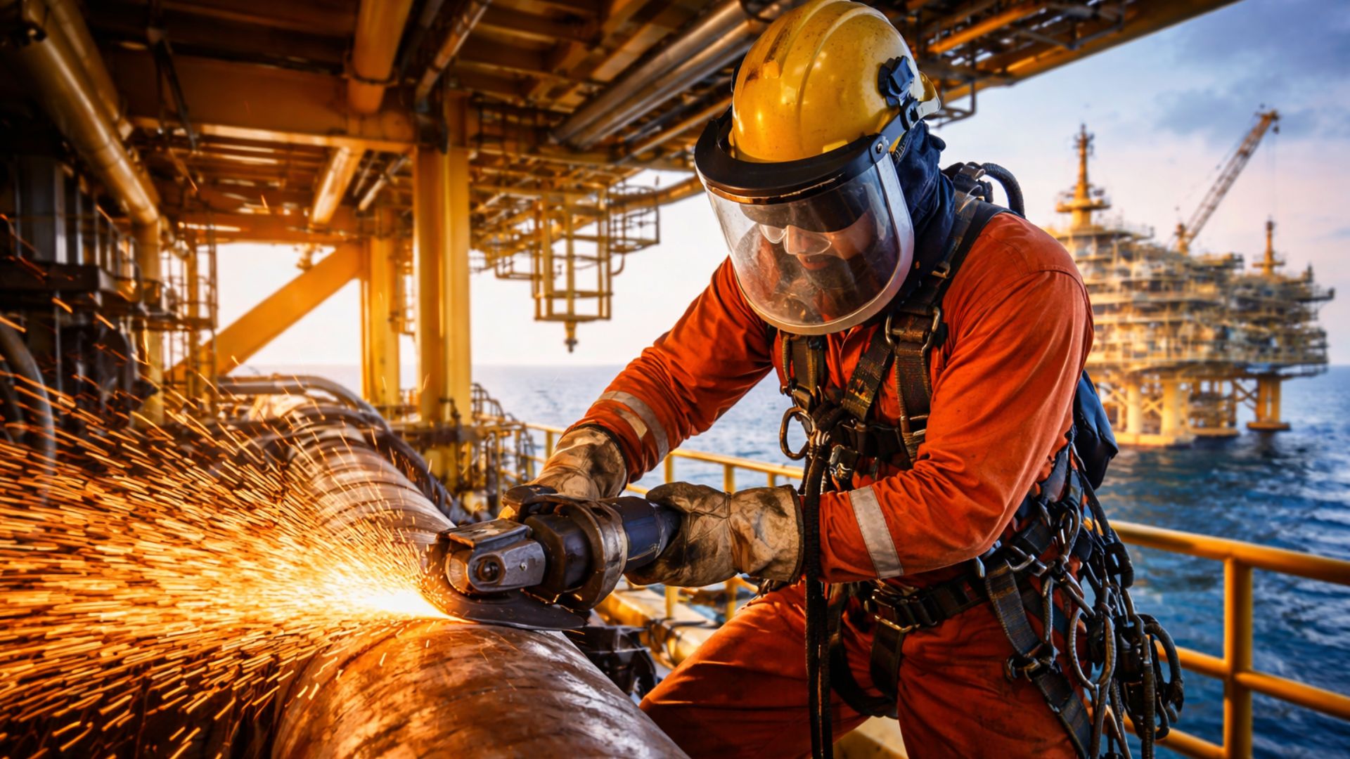 Caldeireiro offshore com equipamentos de proteção cortando tubo metálico em plataforma de petróleo no mar, com faíscas e estruturas industriais ao fundo.