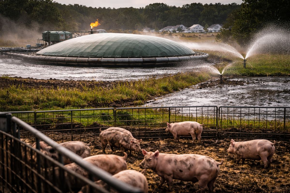 Fazendas de suínos na Carolina do Norte recebem incentivo para biogás com biodigestores, enquanto créditos de carbono do transporte na Califórnia avançam sobre gasodutos, lagoas e pulverização, ampliando o debate sobre poluição local e transparência regulatória.
